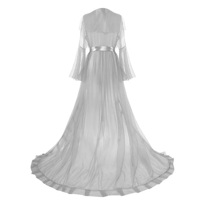 Ruffled Trim Long Tulle Robe Femme Nightwear Nightdress