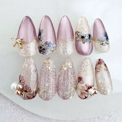 24Pcs Autumn Winter Matte Almond False Nails with Glue Rose Leaf Printing Nail Art Simple Full Cover Press on Acrylic Nails Tips