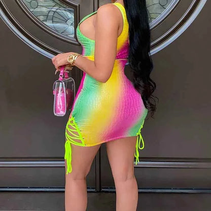 New European and American Cross-border Hollow Bodycon Rainbow Color Lace Dresses