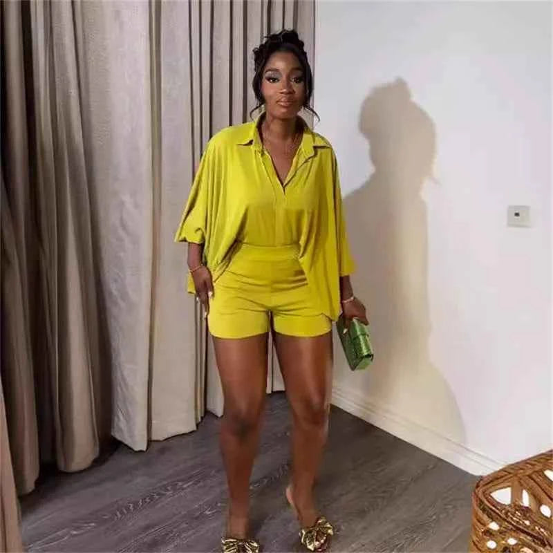 Solid Batwing Sleeve Loose Shirt Top + Shorts Casual Matching Sets