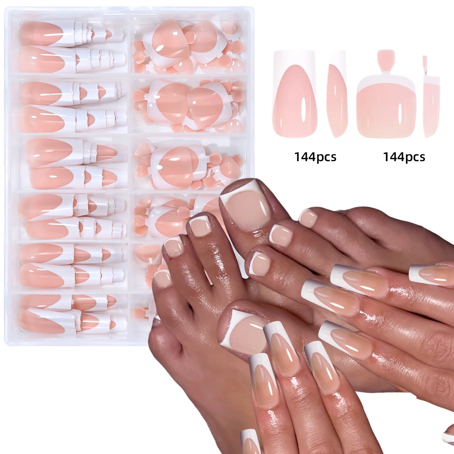 144pcs Shiny French Hand + Foot Nail Set (square)