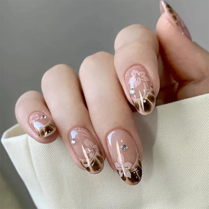 24Pcs Autumn Winter Matte Almond False Nails with Glue Rose Leaf Printing Nail Art Simple Full Cover Press on Acrylic Nails Tips