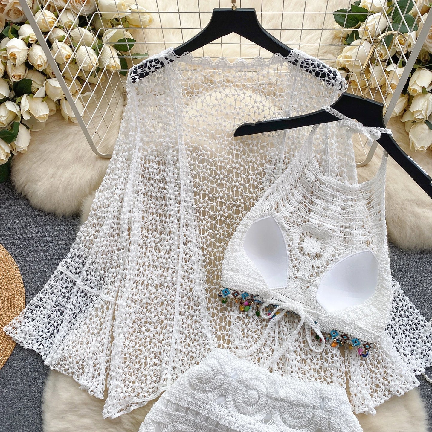 Halter Sleeveless Mini Camis + Hollow Out Cardigan + Elastic Waist Slim Skirt Vintage Swim Sets