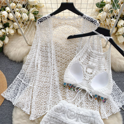 Halter Sleeveless Mini Camis + Hollow Out Cardigan + Elastic Waist Slim Skirt Vintage Swim Sets