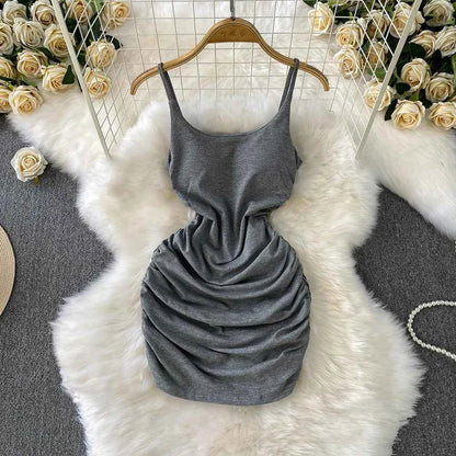 Spaghetti Strap Pleated Temperament Mini Dresses