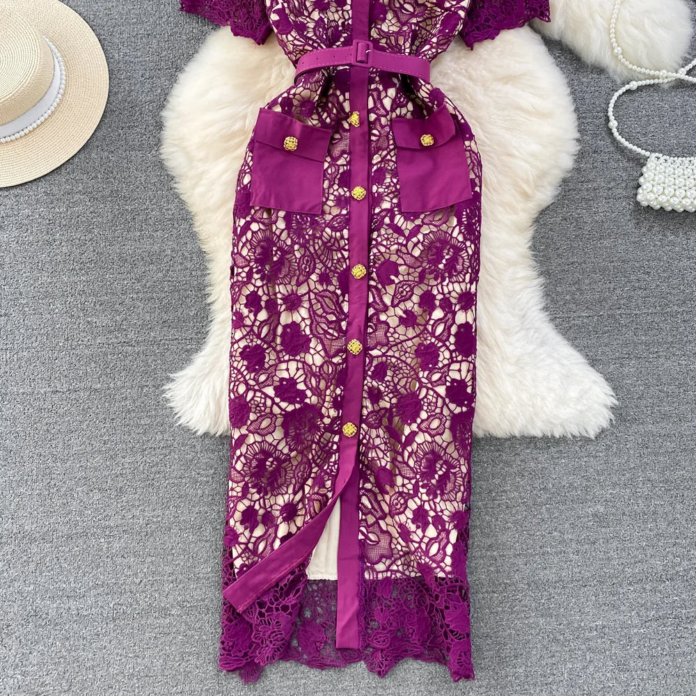 Floral Lace Dress V Neck High Waist Maxi Dresses