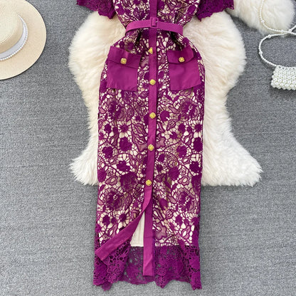 Floral Lace Dress V Neck High Waist Maxi Dresses