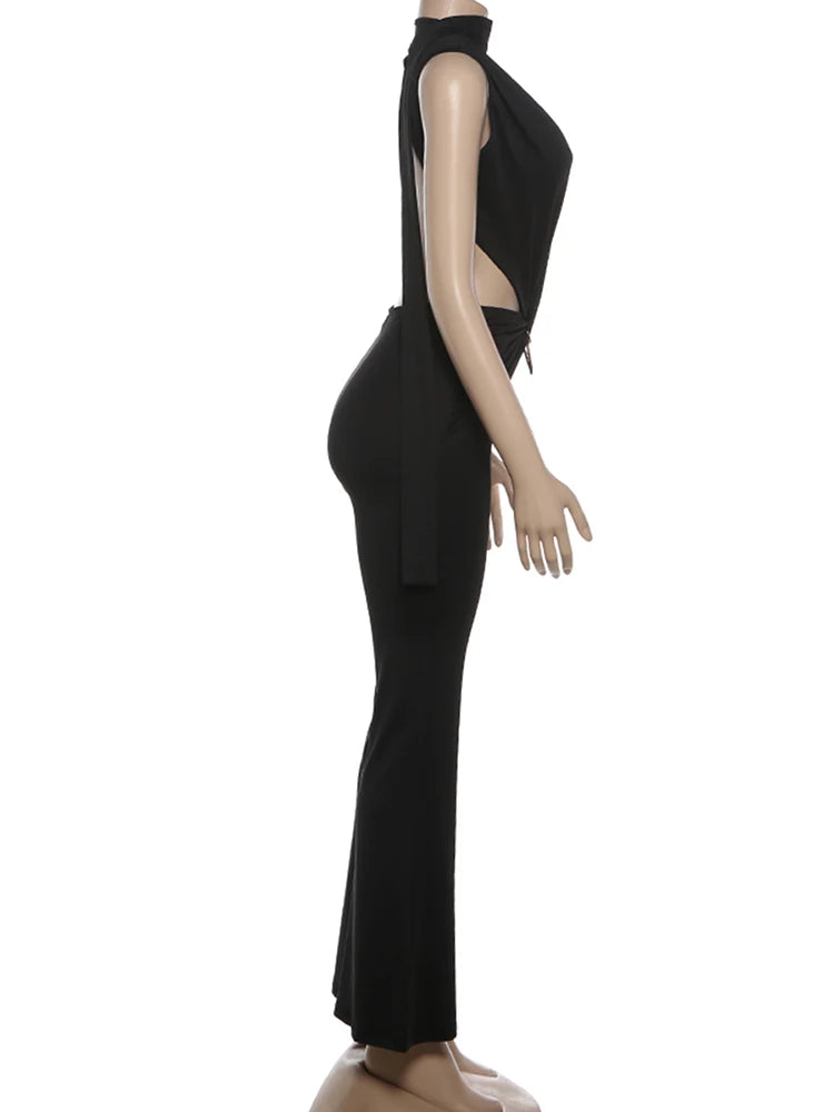 Deep V-Neck Metal Buckle Ruched Cross Bandage Jumpsuits