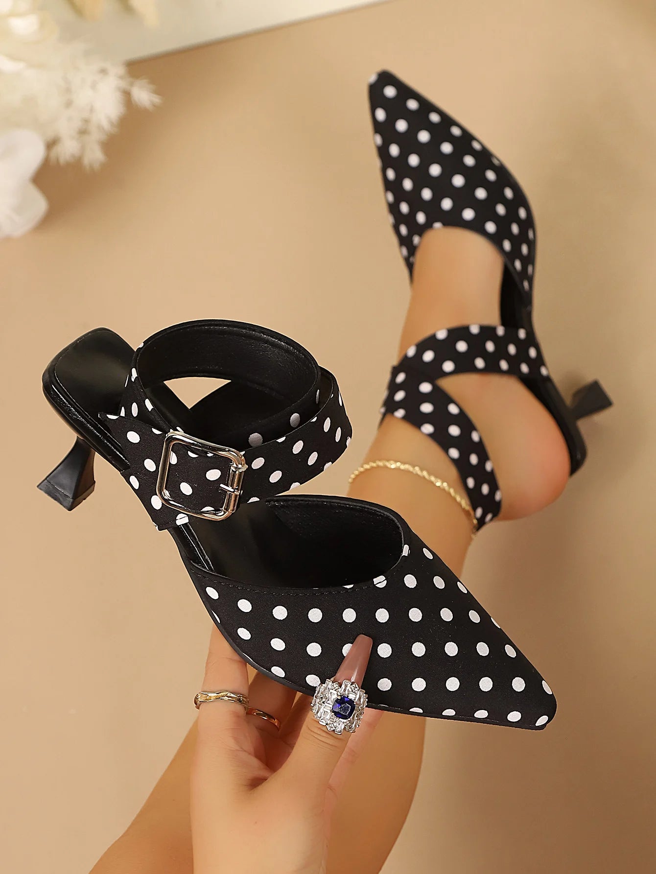 New Polka Dot Slip-On Buckle Strap Elegant Footwear for Women