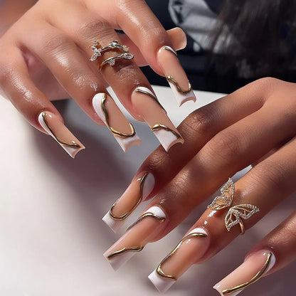 24Pcs Pink Butterfly Design False Nails Extra Long Coffin Fake Nails Wearable French Ballet Press on Nails Full Cover Nail Tips