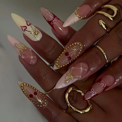 24Pc Long Stiletto Press on Nails Cherry Pink French False Nails with 3D Bow Pearls Design Detachable Acrylic Fake Nail Art Tips