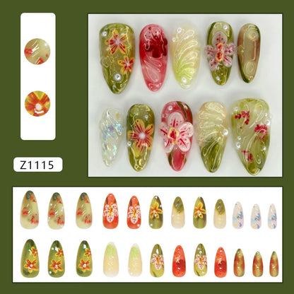24pcs Flower Print Press on Nails Wine Red Blush Almond False Nail Tips Wearable Reusable Summer Spicy Girl Fake Nails