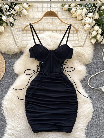 Strapless Lace Up Hollow Out Design Pleated Bodycon Dresses