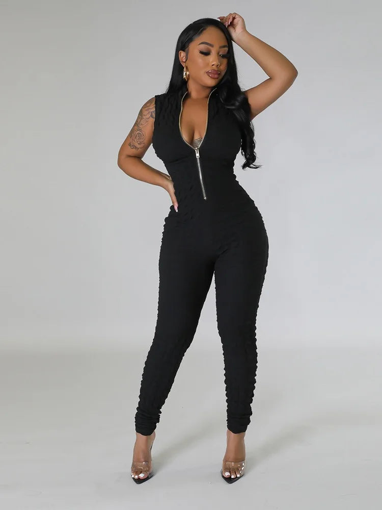 Sleeveless Popcorn Bubble Fabric Front Zipper Jumpsuits