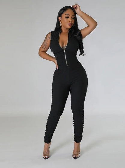 Sleeveless Popcorn Bubble Fabric Front Zipper Jumpsuits