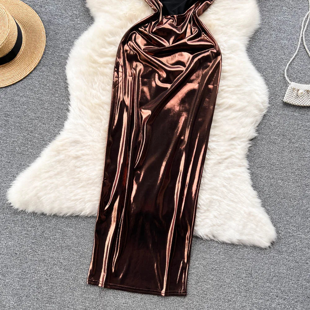 Shiny Satin Backless Maxi Dresses