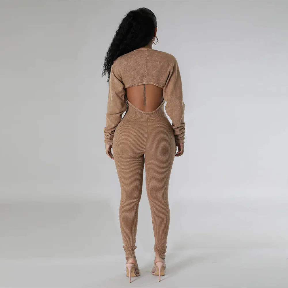 Slim Fit Jumpsuit+ Cropped Jacket (Two Piece Sets)
