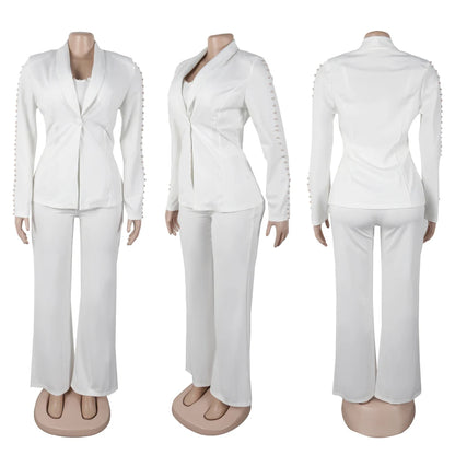 Elegant Long Sleeve Blazer Office Wear Ladies 3 Piece Pant Suit