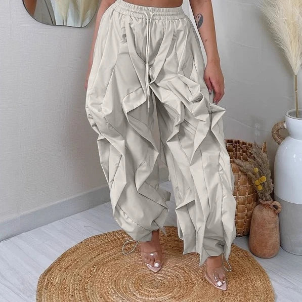 Ruched Lantern Sleeve Drawstring Patchwork Pants