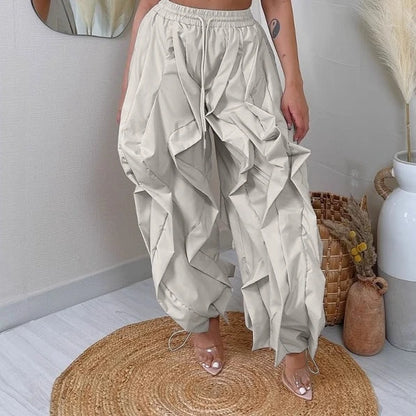 Ruched Lantern Sleeve Drawstring Patchwork Pants