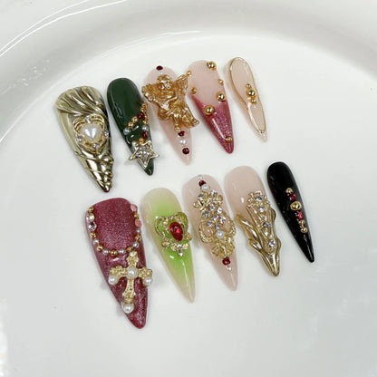 10pcs Retro Golden Almond Handmade Press on Nails Heart Pattern Fake Nails False Nail Artificial Nail 네일팁 Накладные Ногти Uñas