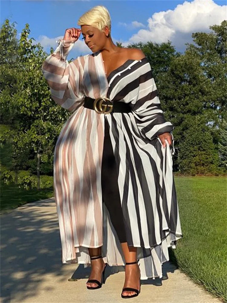 Kemi Striped Loose Button Long Sleeve Maxi Shirts Dress