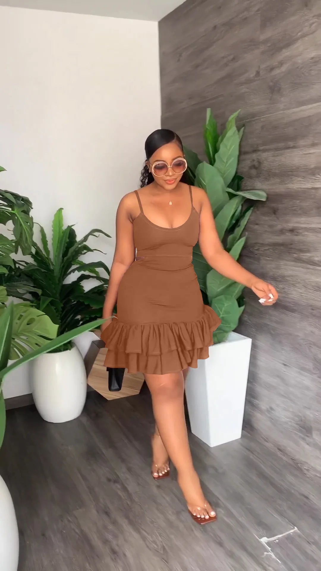 European and American Fashion Sling Low-cut Ruffled Mini Dress