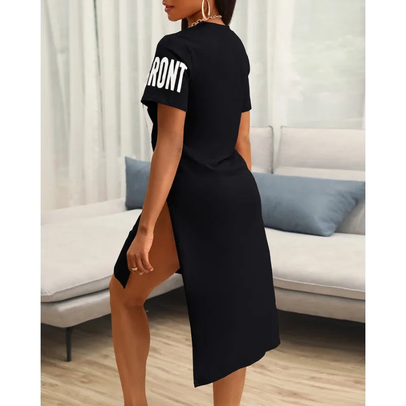 Veronica's Round Neck Short Sleeve Letter Printed T-Shirt Mini Dress