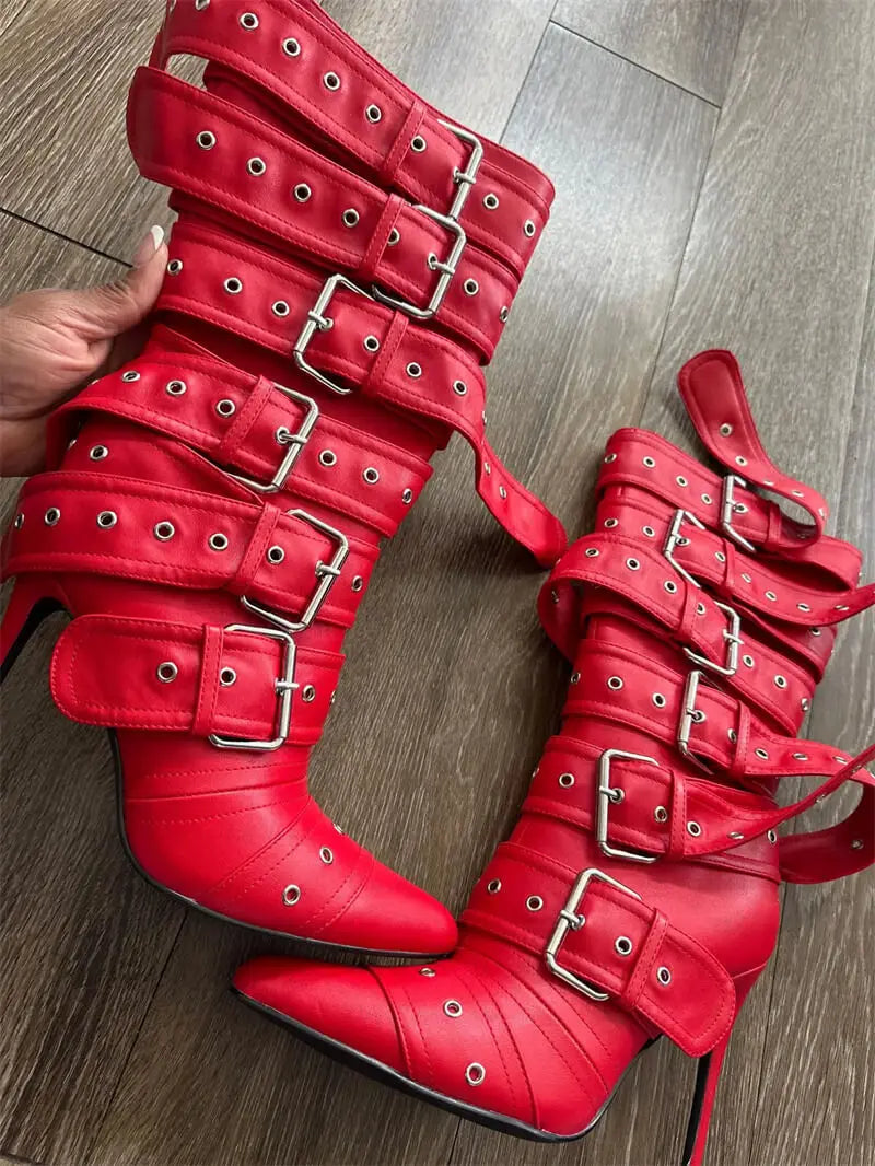 Mid-Calf Buckle Stiletto Boots