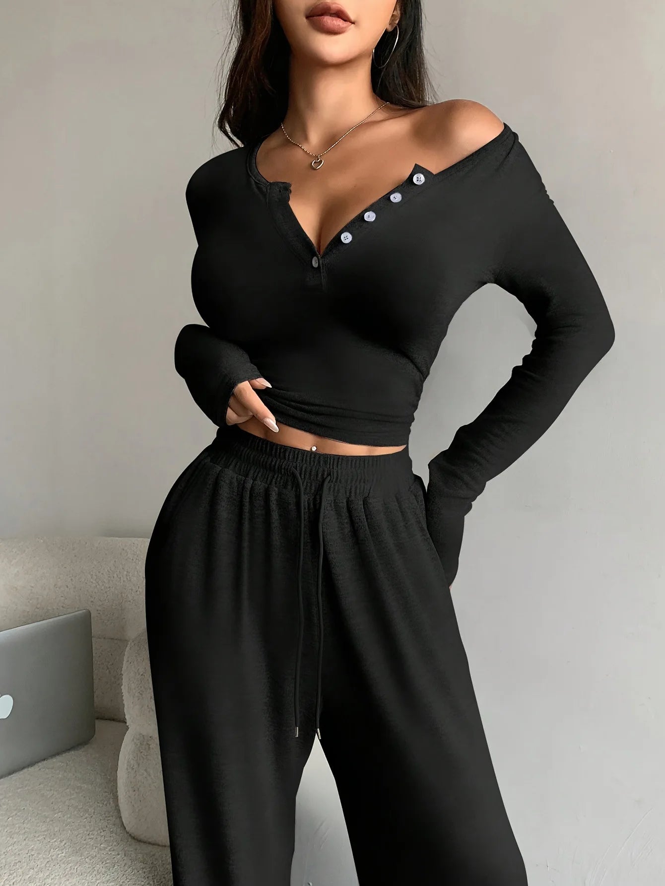 Long Sleeve Button Solid Color Top + Trousers Two Piece Sets