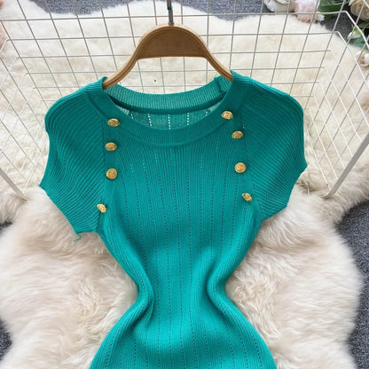 O Neck Short Sleeve Elastic Slim Sheath Dresses