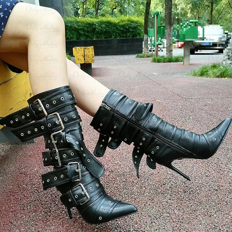 Mid-Calf Buckle Stiletto Boots