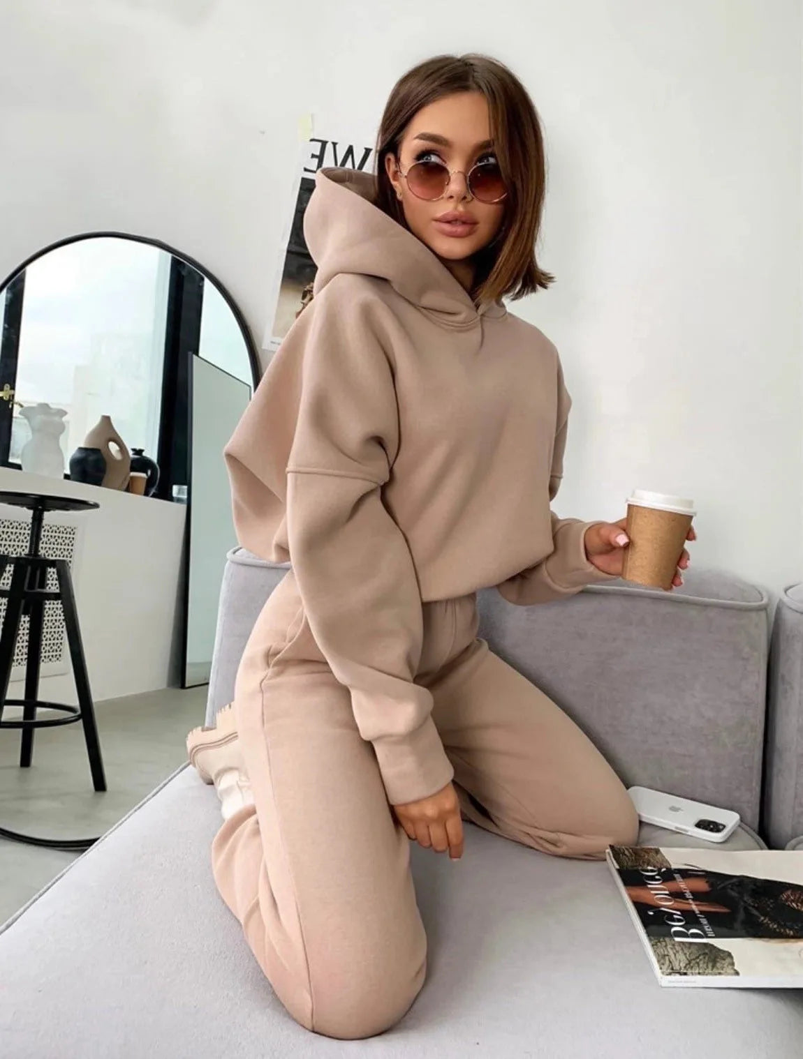 Sanga Two Piece Sets Hooded Sweatshirts Streetwear Pants Solid Suit Sweatpants Jogging Trousers (Autumn Outfits)