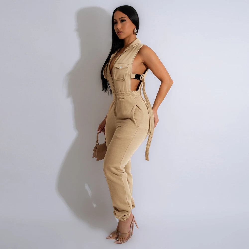 Stacey Zipper Sleeveless Buckle Open Side Cargo Jumpsuit (One-piece Suit)