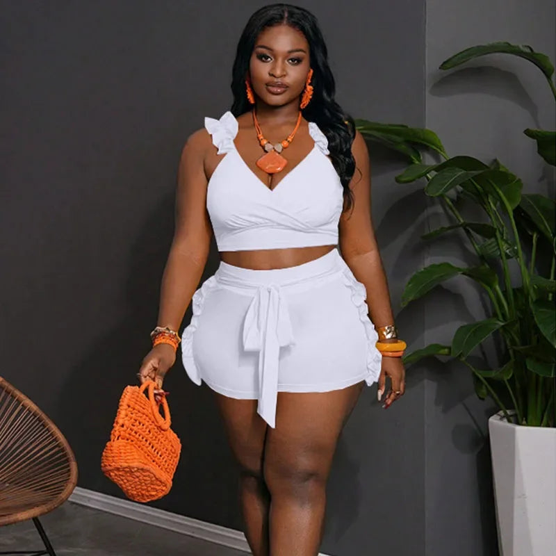 Ruffles V-neck Tank Crop Top and Lace-up Short Sets