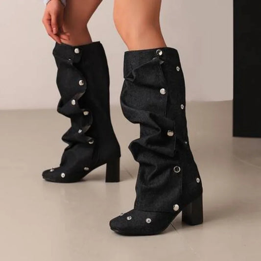 Enashua Denim Square Toe Detachable Rivets 7cm Thick Heel and Knee Length Boots