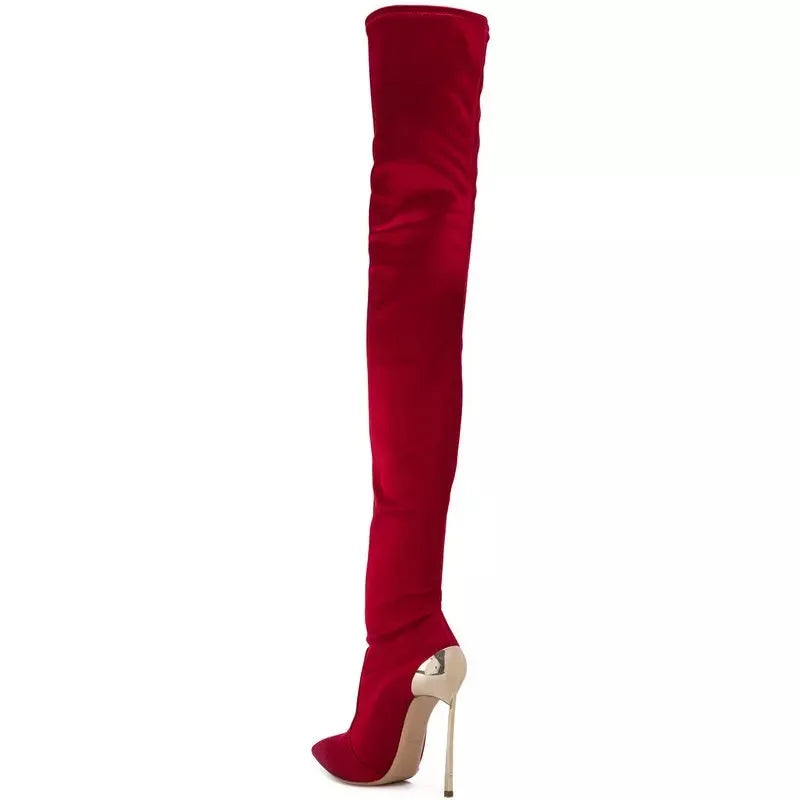 Aubrey Stretch Fabric Metal Thin Heels Over the Knee ee Boots