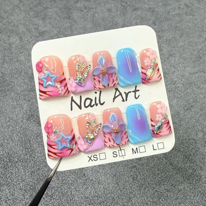 10pcs Handmade False Nail Art Pink French Fake Nail Short Flower Press on Nails Tips Duckbill with Rhinestone Nails Set Wearable