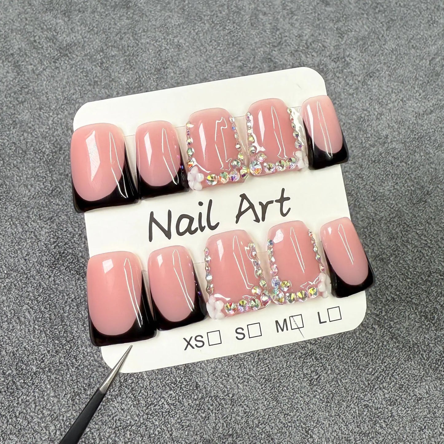 10pcs Short Duckbill Handmade Fake Nails Art Simple Black French False Nail with Diamond Tips Design Press on Nails Set Finished