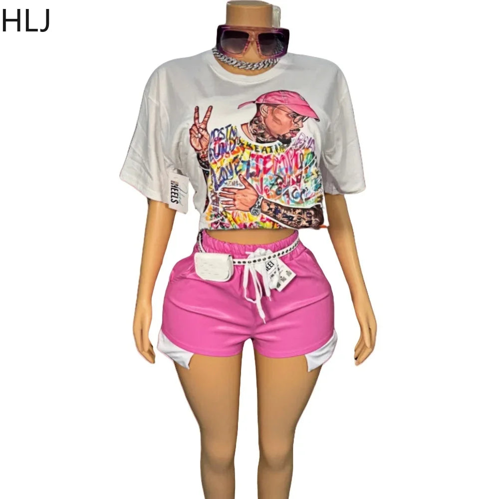 O Neck Loose Tshirts + Drawstring Leather Shorts Outfits Streetwear