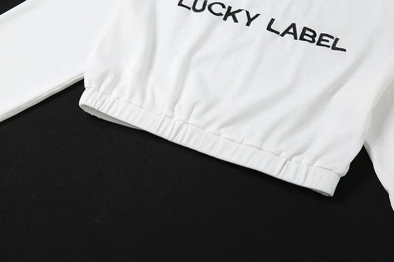 Winter Solid Lucky Label Letter Embroidery Two Piece Sets Women Sweatshirt+Leggings Casual Sporty Tracksuits Female