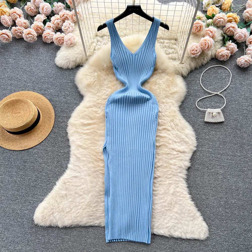 Chic Fashion Sexy Wrap Hips Split Knitted Slim Elastic Bodycon Maxi Dresses