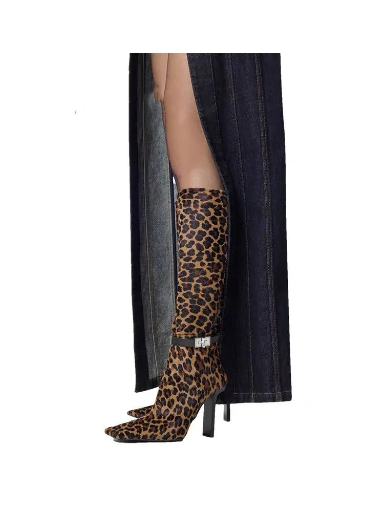 Sanaa Thick Heel Metal Belt Buckle, Side Zipper, Knee Length Leopard Print Boots