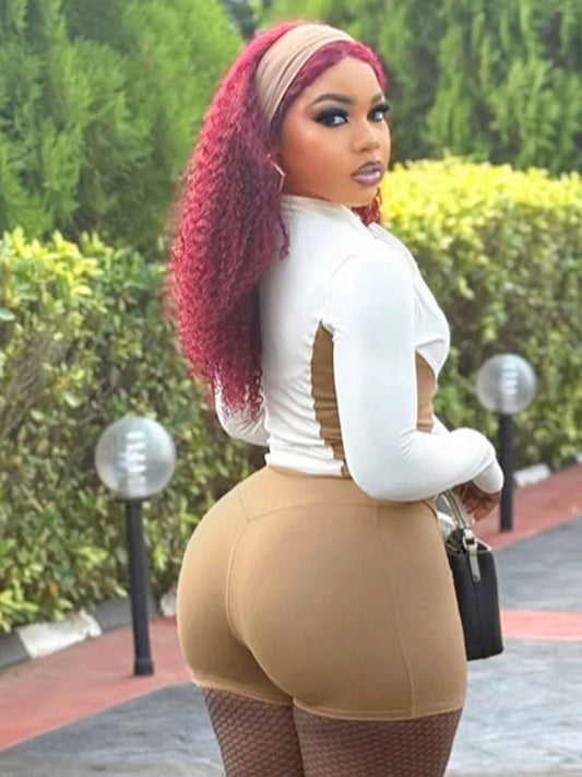 Daily Contrast Patchwork Full Sleeve Jacket+Shorts Simple Sporty Street Outfits