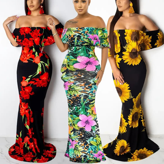 Rose Sunflower Floral Print Strapless  Bodycon Slash Neck Off Shoulder Short Sleeve Polyester Xtra Maxi Dress