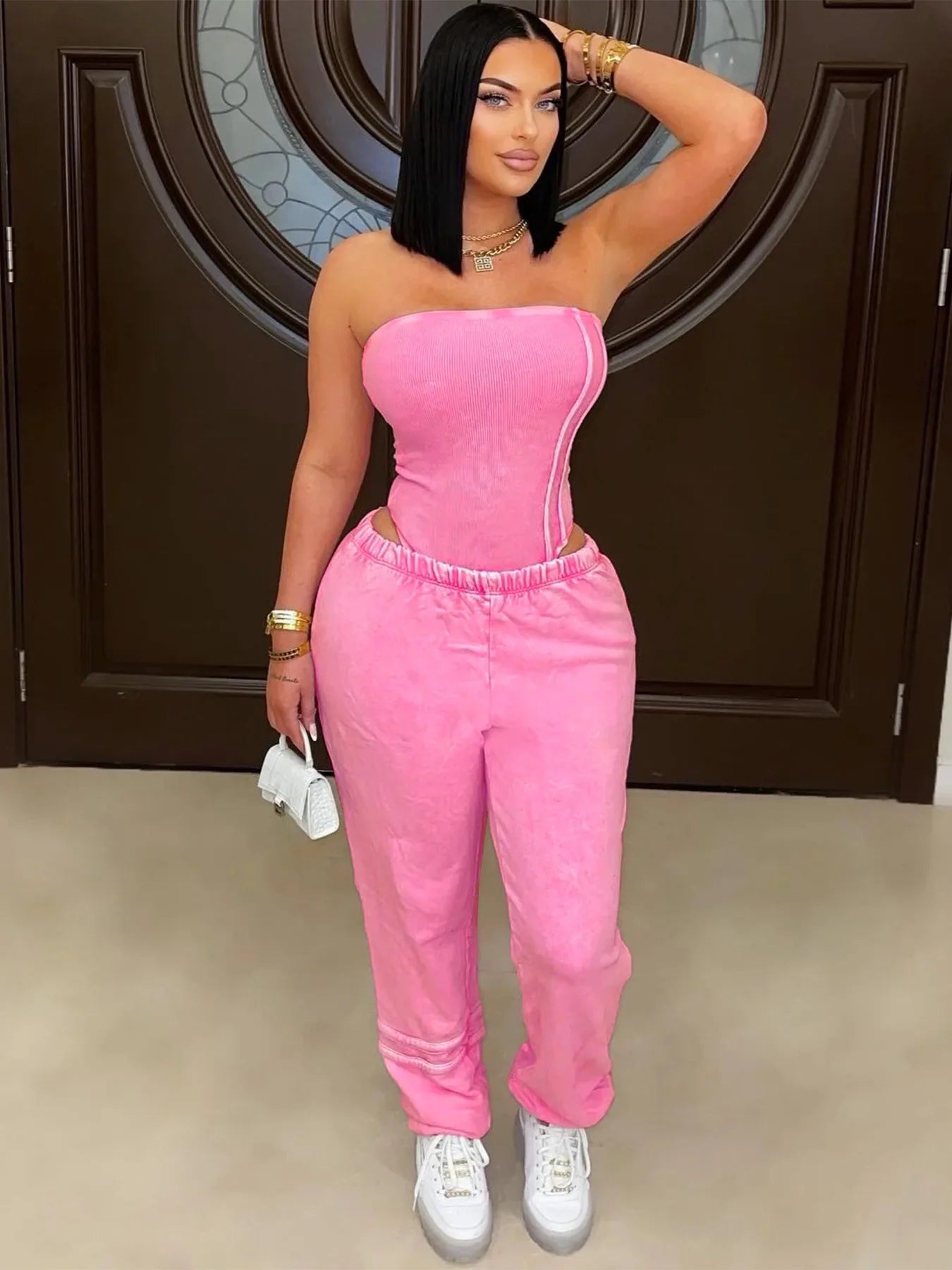 Ribbed Bodycon Bodysuits Tops + Jogger Pants (2 pcs.)
