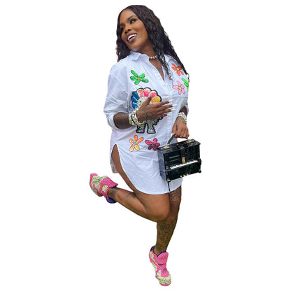 Women Shirts Print Pearls Turn Down Collar Button Elegant Lady Blouses Full Sleeve Spliced Loose Casual Shirt  (Spring)