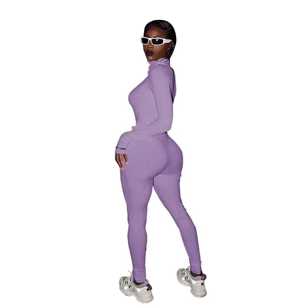 Zipper Jumpsuit Women Embroidery Letter Print Workout Sportswear Female Outfit Skinny Solid Turtleneck Streetwear