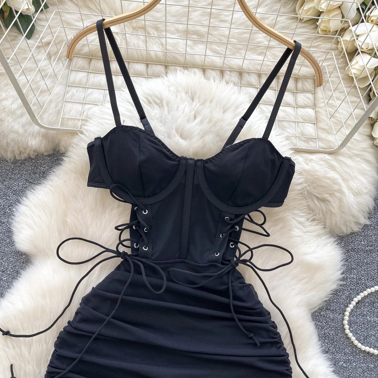 Strapless Lace Up Hollow Out Design Pleated Bodycon Dresses