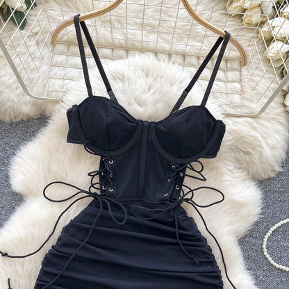 Strapless Lace Up Hollow Out Design Pleated Bodycon Dresses